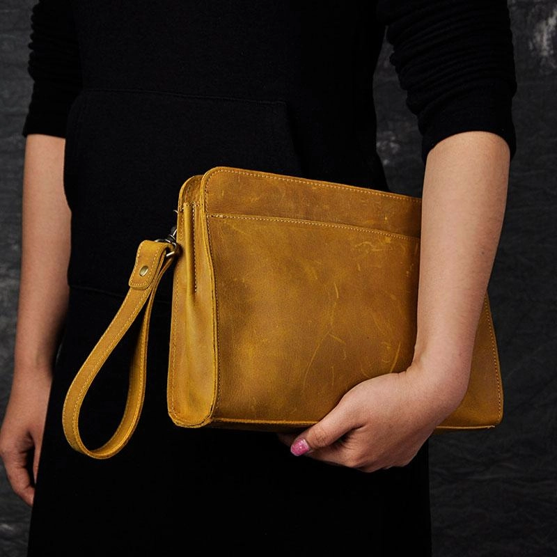 Vintage Large Leather Mens Wristlet Bag Wristlet Wallet Side Bag Clutch Wallet for Men