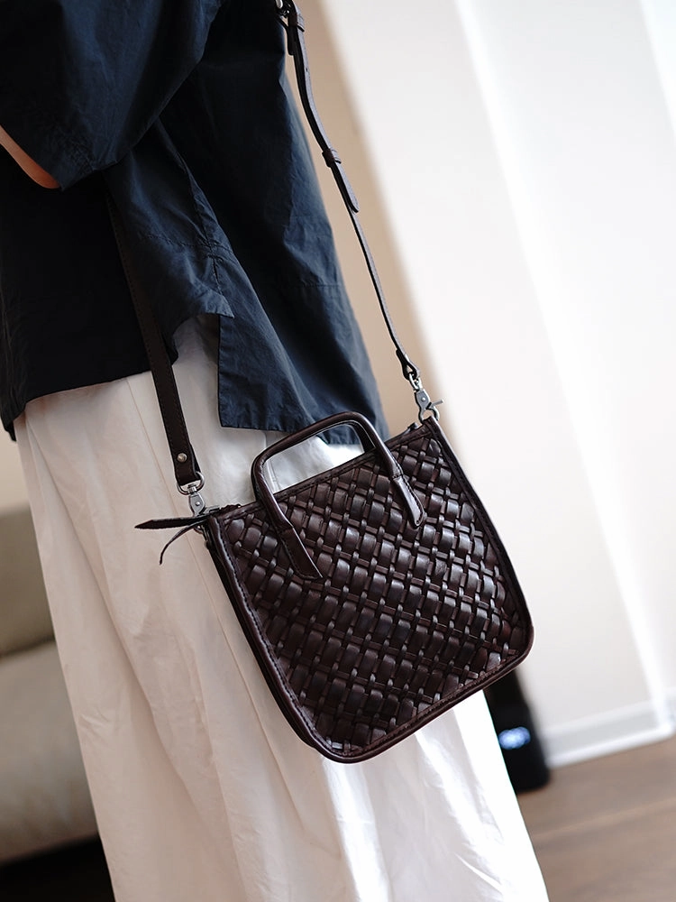 Vintage Leather Braided Vertical Handbag Women Crossbody Vertical Tote Purse for Women