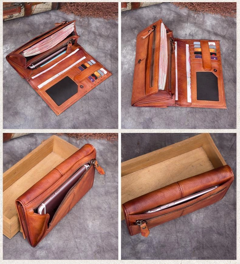 Vintage Leather Brown Mens Long Wallet Phone Clutch Gray Bifold Wallet for Men