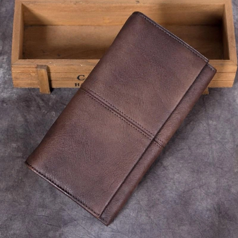 Vintage Leather Brown Mens Long Wallet Phone Clutch Gray Bifold Wallet for Men