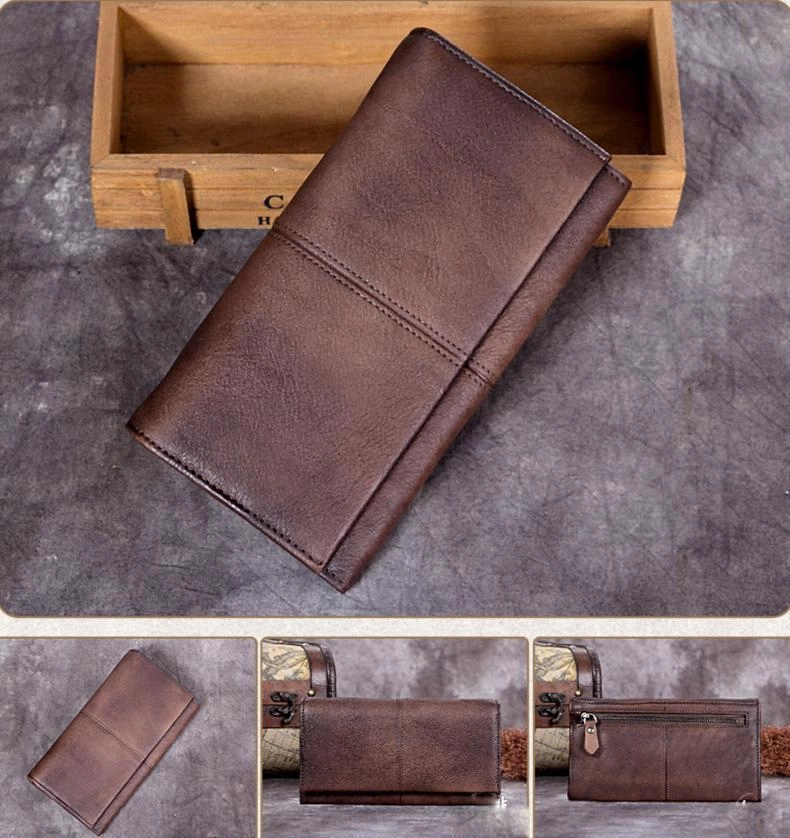 Vintage Leather Brown Mens Long Wallet Phone Clutch Gray Bifold Wallet for Men