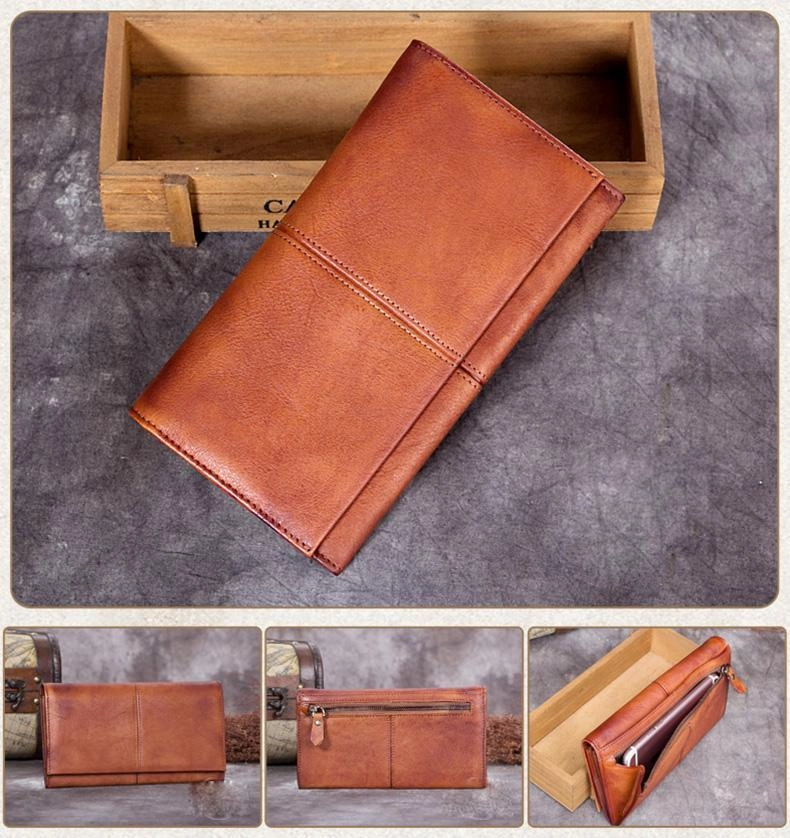 Vintage Leather Brown Mens Long Wallet Phone Clutch Gray Bifold Wallet for Men