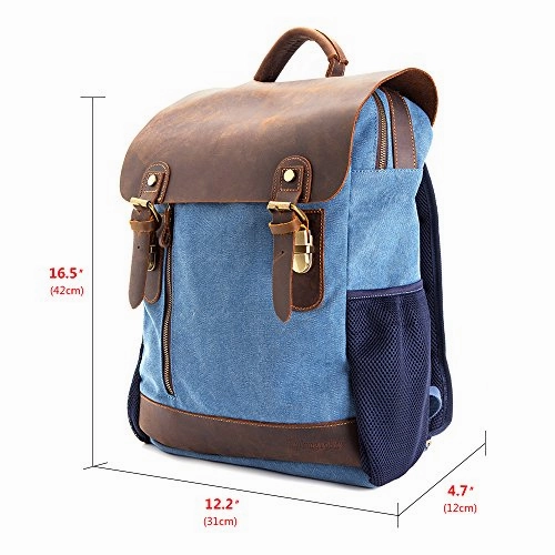 Vintage Leather Canvas Backpack, Retro Canvas Campus School Rucksack Fits 15.6 inch Laptop