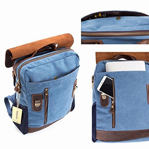 Vintage Leather Canvas Backpack, Retro Canvas Campus School Rucksack Fits 15.6 inch Laptop