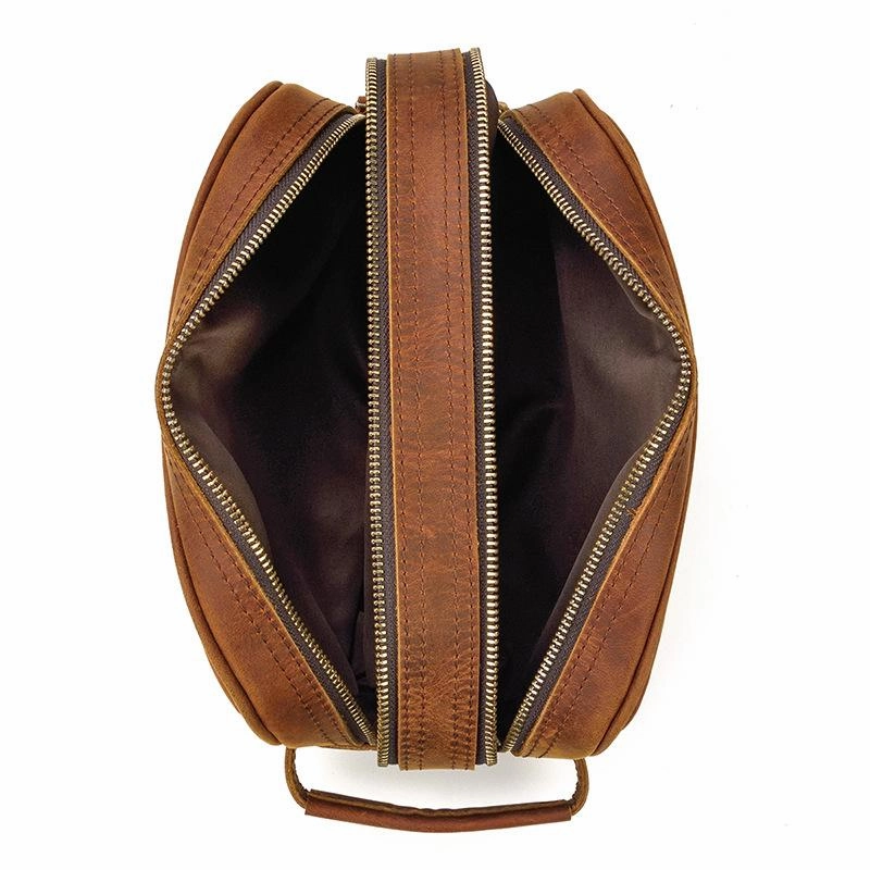 vintage Leather Men's Clutch Bag Double Zipped Small Wristlet Handbag For Men