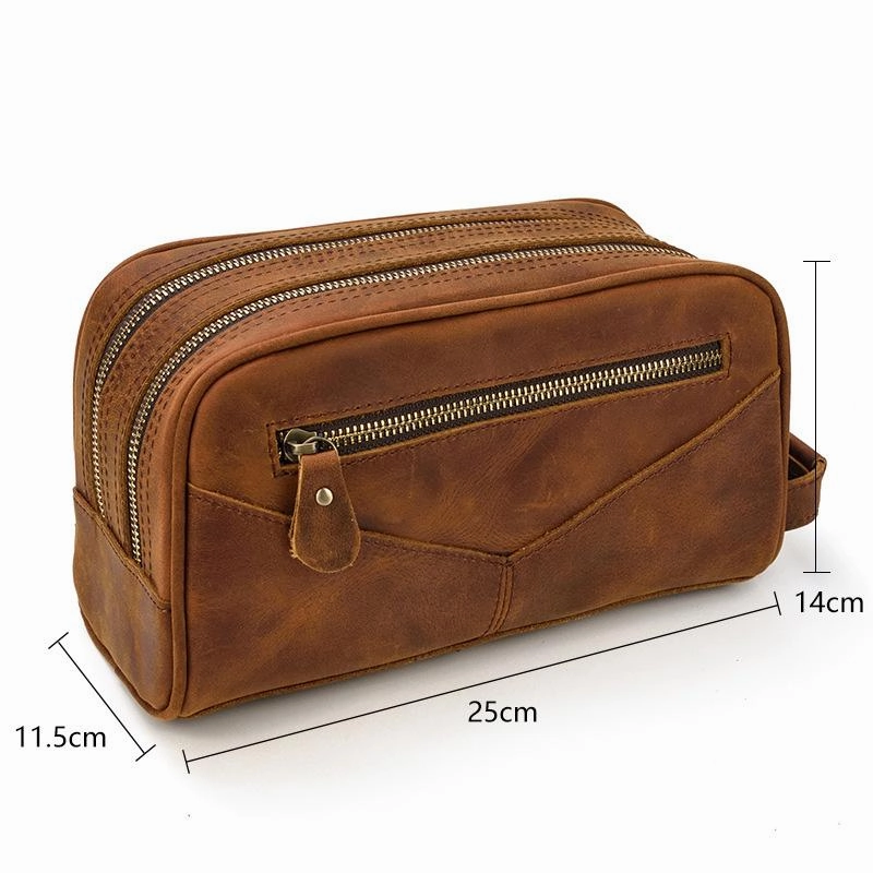 vintage Leather Men's Clutch Bag Double Zipped Small Wristlet Handbag For Men