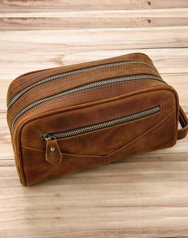vintage Leather Men's Clutch Bag Double Zipped Small Wristlet Handbag For Men