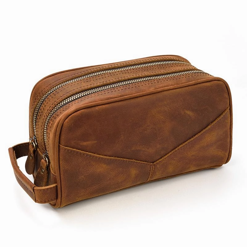 vintage Leather Men's Clutch Bag Double Zipped Small Wristlet Handbag For Men