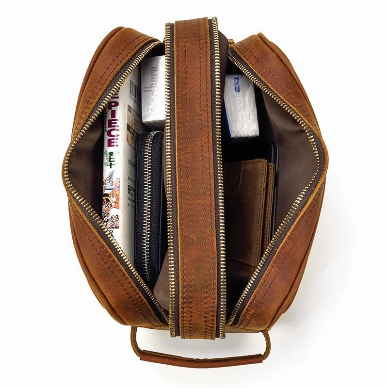 vintage Leather Men's Clutch Bag Double Zipped Small Wristlet Handbag For Men