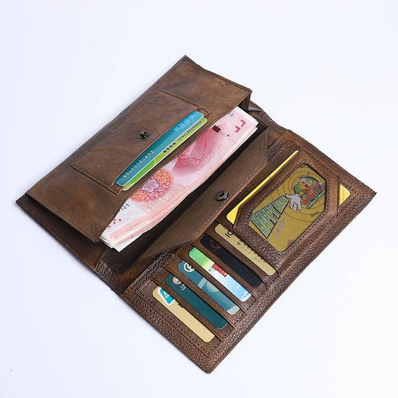 Vintage Leather Mens Brown Cool Long Wallet Long Bifold Clutch Card Wallet for Men