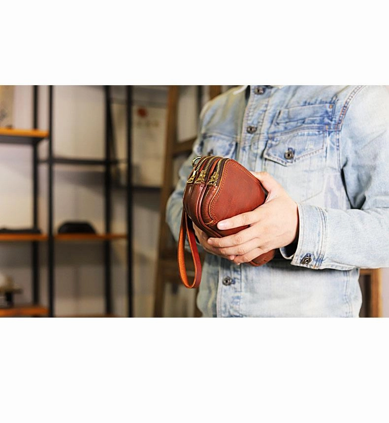 Vintage Leather Mens Clutch Cool Handmade Wallet Triple Zippers Clutch Wristlet Wallet for Men