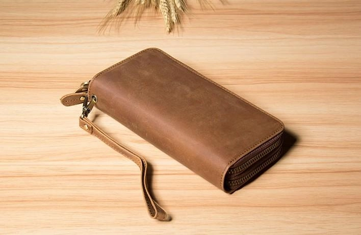 Vintage Leather Mens Clutch Wallet Double Zipper Clutch Wristlet Wallet for Men