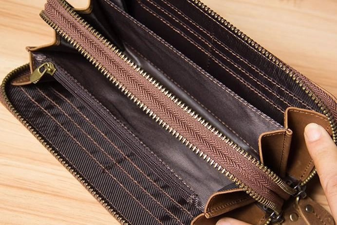 Vintage Leather Mens Clutch Wallet Double Zipper Clutch Wristlet Wallet for Men
