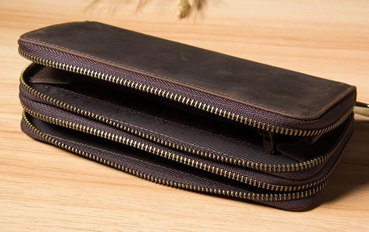 Vintage Leather Mens Clutch Wallet Double Zipper Clutch Wristlet Wallet for Men