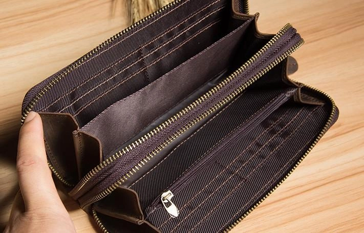 Vintage Leather Mens Clutch Wallet Double Zipper Clutch Wristlet Wallet for Men
