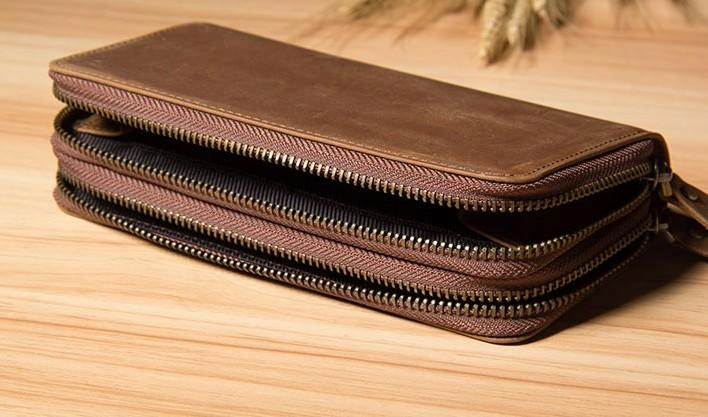 Vintage Leather Mens Clutch Wallet Double Zipper Clutch Wristlet Wallet for Men