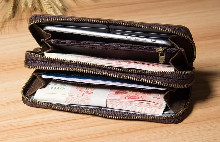 Vintage Leather Mens Clutch Wallet Double Zipper Clutch Wristlet Wallet for Men