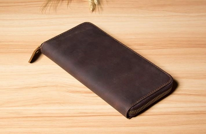 Vintage Leather Mens Clutch Wallet Double Zipper Clutch Wristlet Wallet for Men