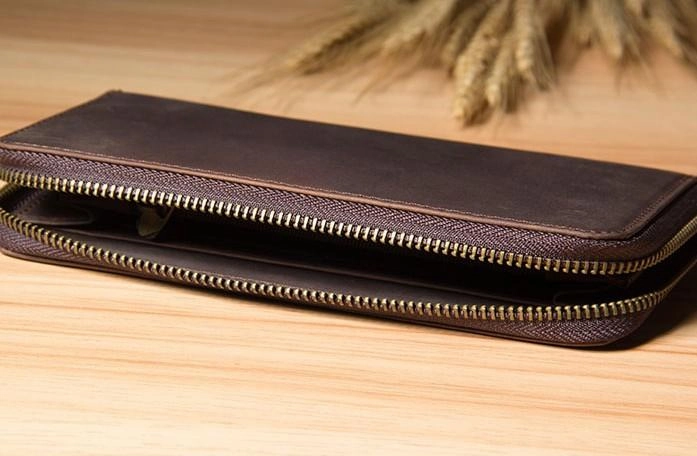 Vintage Leather Mens Clutch Wallet Double Zipper Clutch Wristlet Wallet for Men