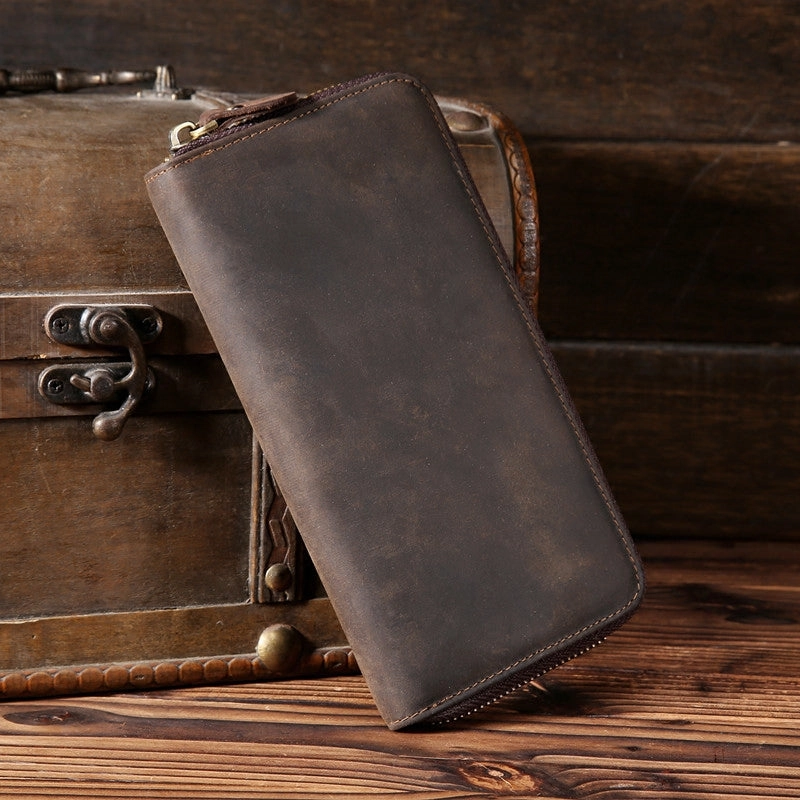 Vintage Leather Mens Long Wallet Zipper Clutch Wallet For Men