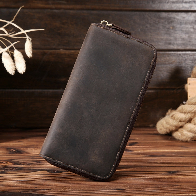 Vintage Leather Mens Long Wallet Zipper Clutch Wallet For Men