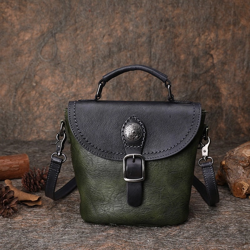 Vintage Leather Womens Bucket Brown Shoulder Bag Handmade Barrel Crossbody Purse for Ladies