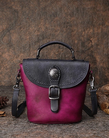 Vintage Leather Womens Bucket Brown Shoulder Bag Handmade Barrel Crossbody Purse for Ladies
