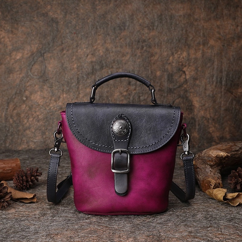 Vintage Leather Womens Bucket Brown Shoulder Bag Handmade Barrel Crossbody Purse for Ladies
