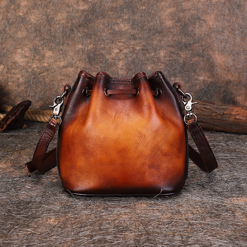 Vintage Leather Womens Bucket Shoulder Bags Bucket Crossbody Purse for Women