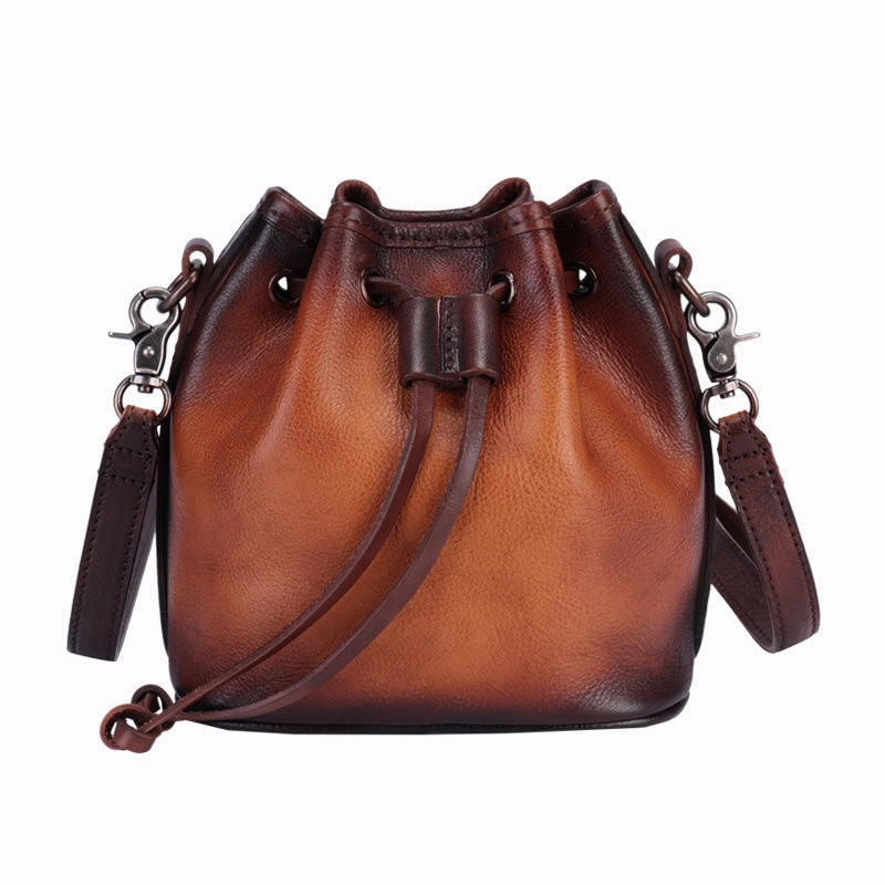 Vintage Leather Womens Bucket Shoulder Bags Bucket Crossbody Purse for Women