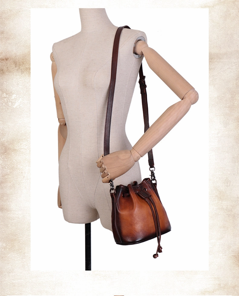 Vintage Leather Womens Bucket Shoulder Bags Bucket Crossbody Purse for Women