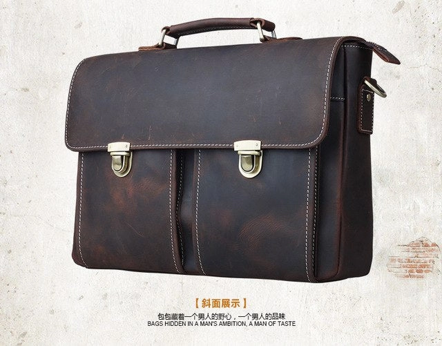 Vintage Men'S Genuine Leather Briefcase 14 Inch Big Business Handbag Cowhide Laptop Handbag