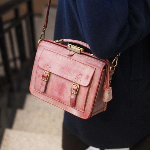 Vintage Pink Leather Satchel Handbag Women's Satchel Shoulder Bag Crossbody Satchel Purse