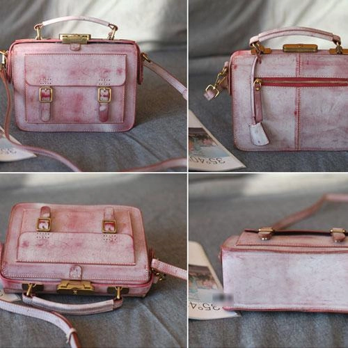 Vintage Pink Leather Satchel Handbag Women's Satchel Shoulder Bag Crossbody Satchel Purse