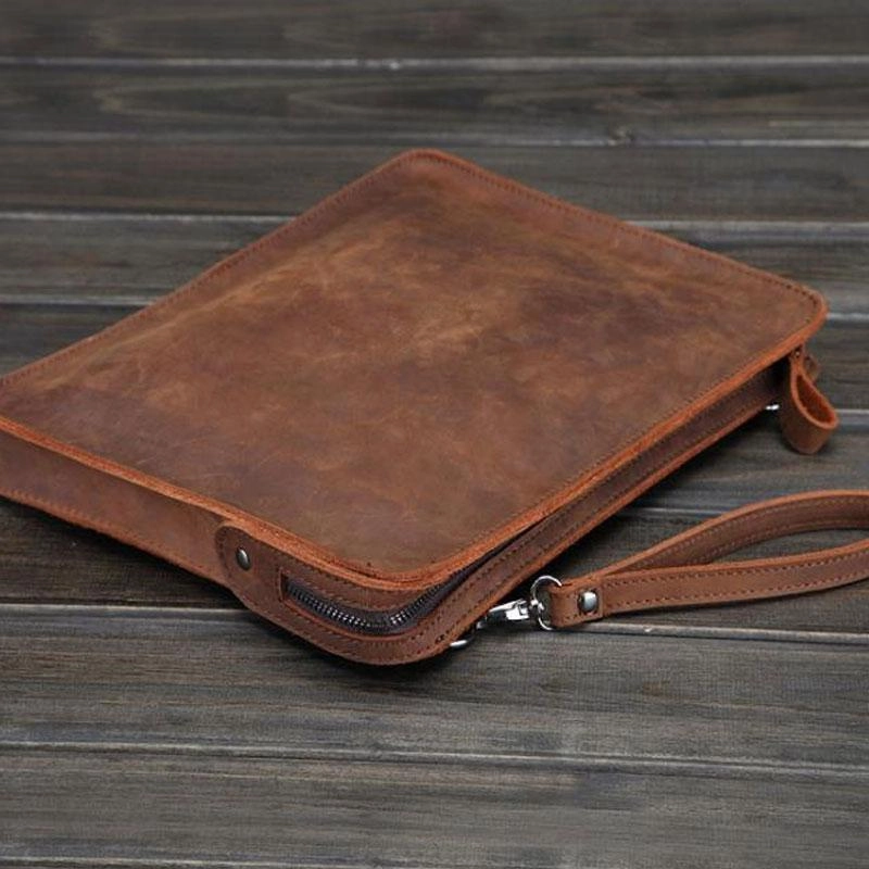 Vintage Small Leather Mens Messenger Bag Clutch Wristlet Shoulder Bag for Men