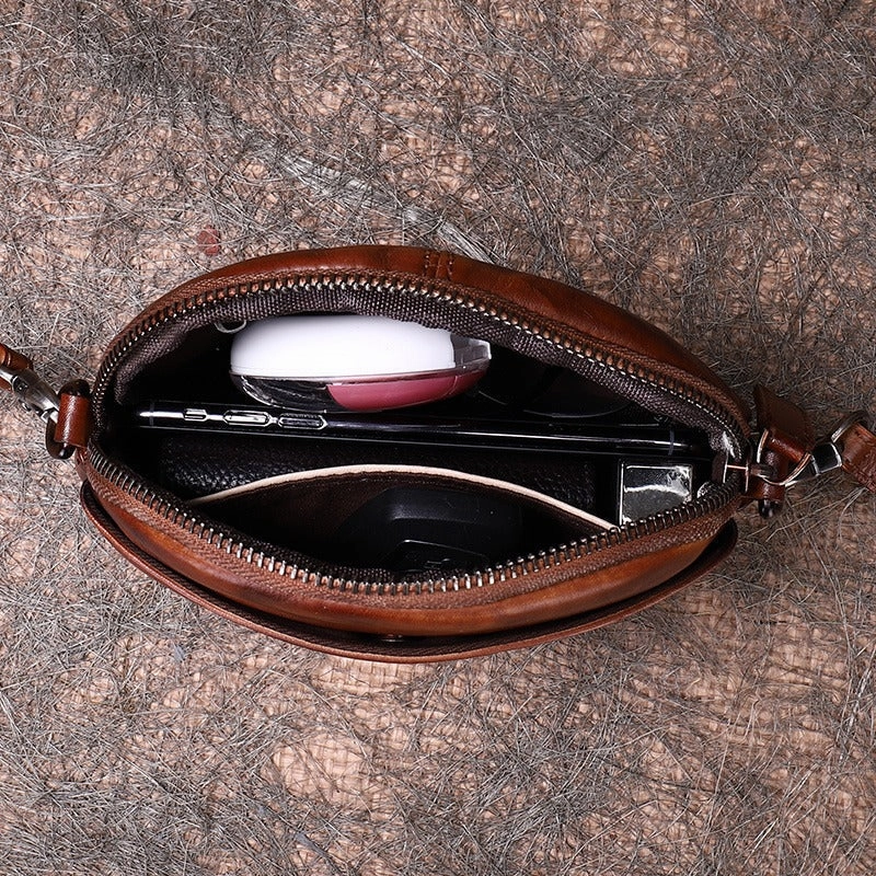 Vintage Small Leather Womens Round Red Shoulder Bag Handmade Around Crossbody Purse for Ladies