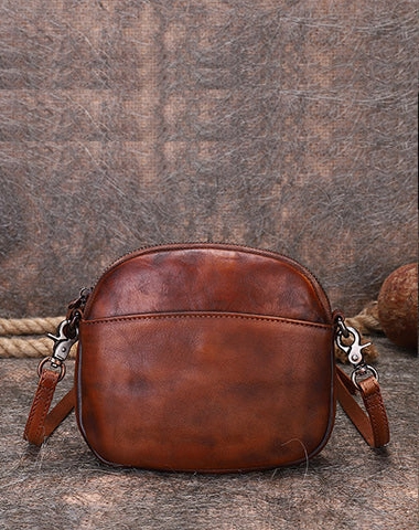 Vintage Small Leather Womens Round Red Shoulder Bag Handmade Around Crossbody Purse for Ladies