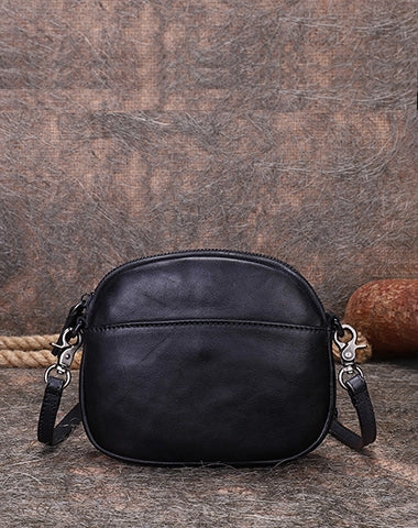 Vintage Small Leather Womens Round Red Shoulder Bag Handmade Around Crossbody Purse for Ladies