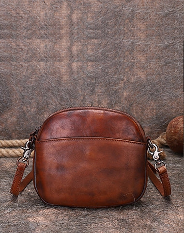 Vintage Small Leather Womens Round Shoulder Bag Handmade Around Crossbody Purse for Ladies