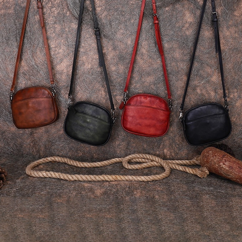 Vintage Small Leather Womens Round Shoulder Bag Handmade Around Crossbody Purse for Ladies