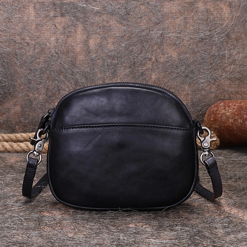 Vintage Small Leather Womens Round Shoulder Bag Handmade Around Crossbody Purse for Ladies