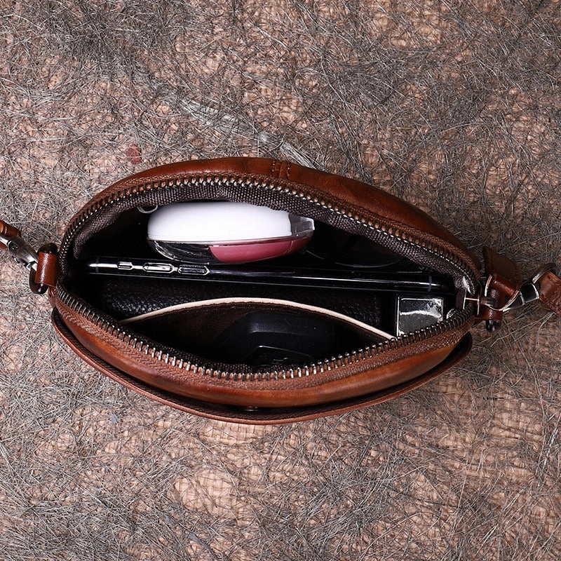 Vintage Small Leather Womens Round Shoulder Bag Handmade Around Crossbody Purse for Ladies
