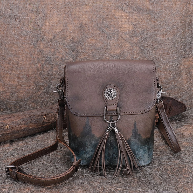 Vintage Small Red Leather Womens Vertical Shoulder Bag With Tassels Handmade Crossbody Purse for Ladies