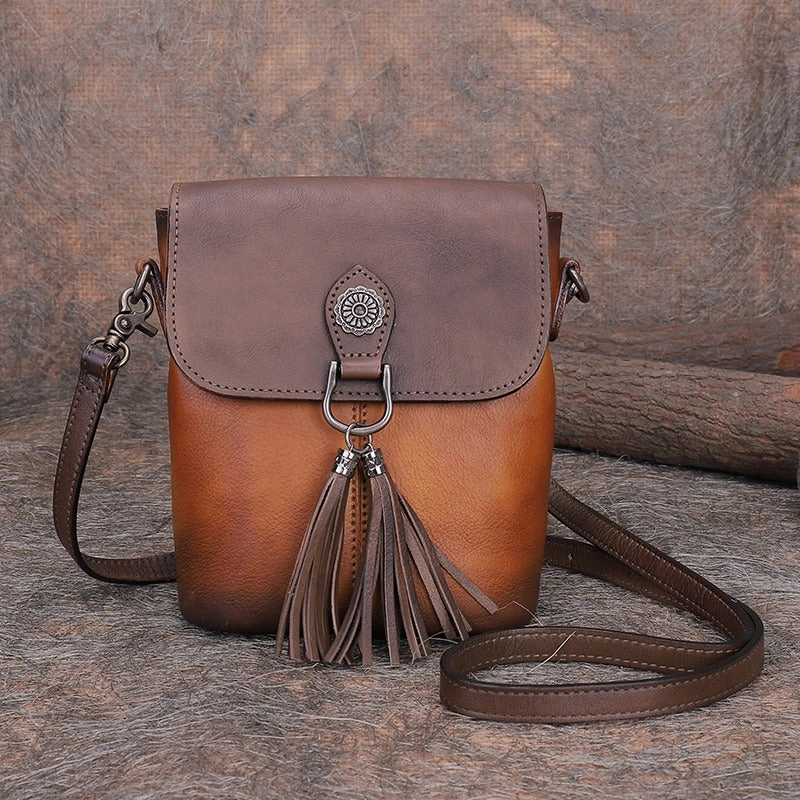 Vintage Small Red Leather Womens Vertical Shoulder Bag With Tassels Handmade Crossbody Purse for Ladies