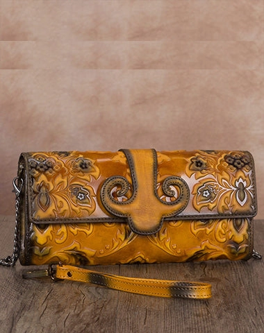 Vintage Sunflowers Green Leather Wristlet Wallet Womens Floral Shoulder Wallet Purse Zip Crossbody Purse Chain Shoulder Bag for Women