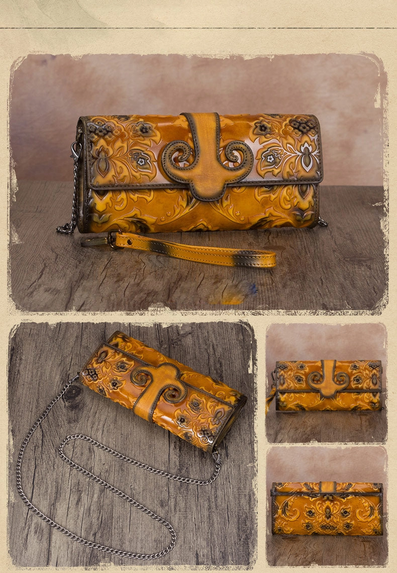 Vintage Sunflowers Tan Leather Wristlet Wallet Womens Floral Shoulder Wallet Purse Zip Crossbody Purse Chain Shoulder Bag for Women