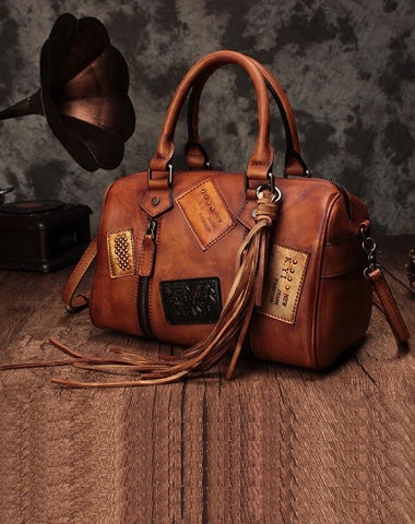Vintage Women Brown Leather Boston Handbags Leather Boston Shoulder Bags Purses with Tassels