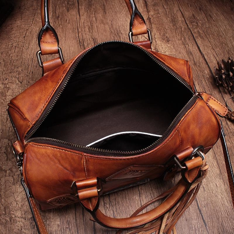 Vintage Women Brown Leather Boston Handbags Leather Boston Shoulder Bags Purses with Tassels