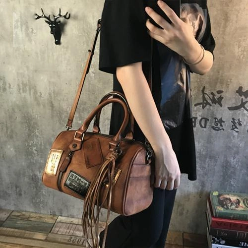 Vintage Women Brown Leather Boston Handbags Leather Boston Shoulder Bags Purses with Tassels