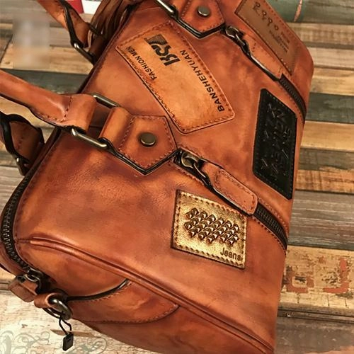 Vintage Women Brown Leather Boston Handbags Leather Boston Shoulder Bags Purses with Tassels